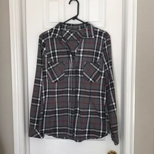 Gray, Black and red long sleeve plaid button down.